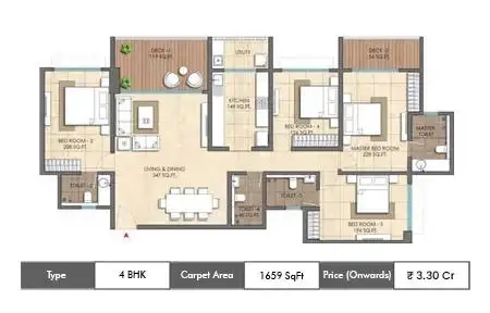 Lodha Altero 4 BHK floor plan, 1659 sq ft carpet area