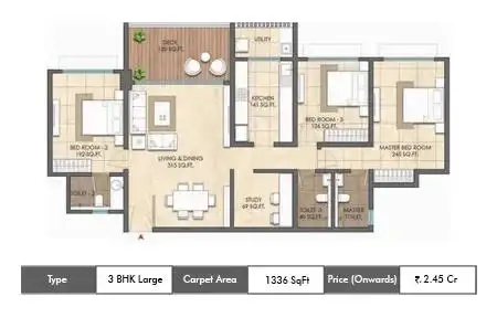 Lodha Altero 3 BHK + Study floor plan, 1336 sq ft carpet area