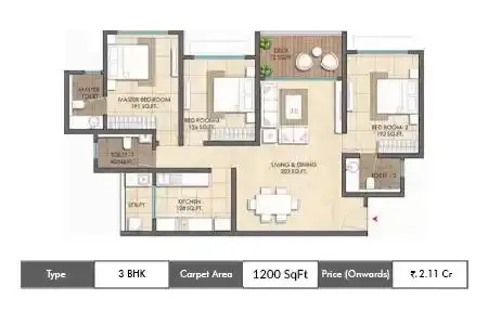 Lodha Altero 3 BHK floor plan, 1200 sq ft carpet area